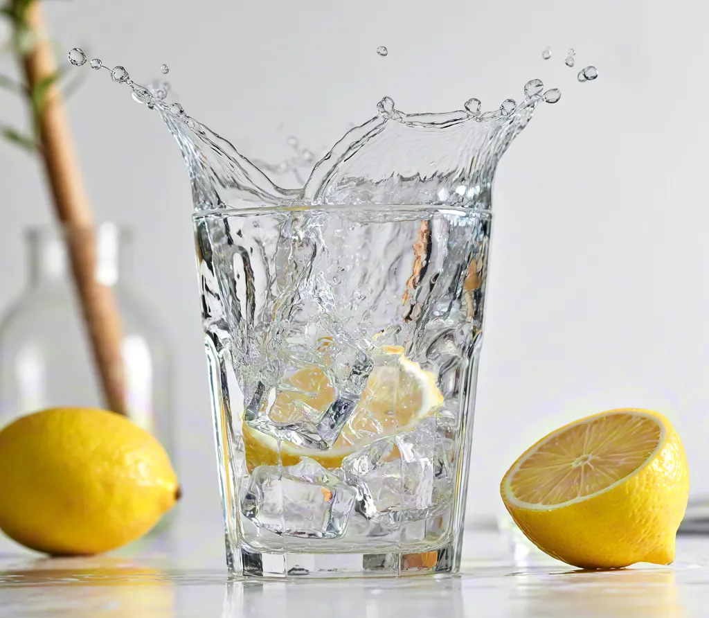 Sparkling lemon water splash with citrus fruits