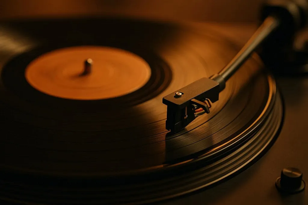 Spinning record under soft warm lighting