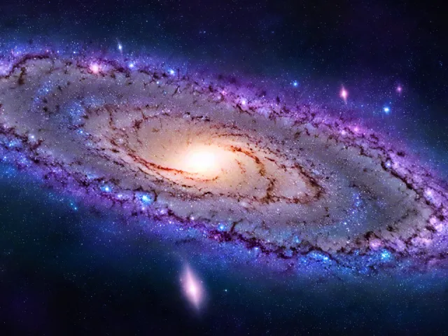 Bright spiral galaxy glowing in outer space