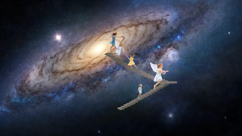 Spiral galaxy with glowing core stairs to heaven