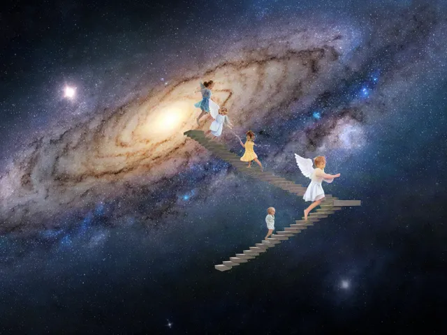 Bright spiral galaxy in deep universe stairs to heaven