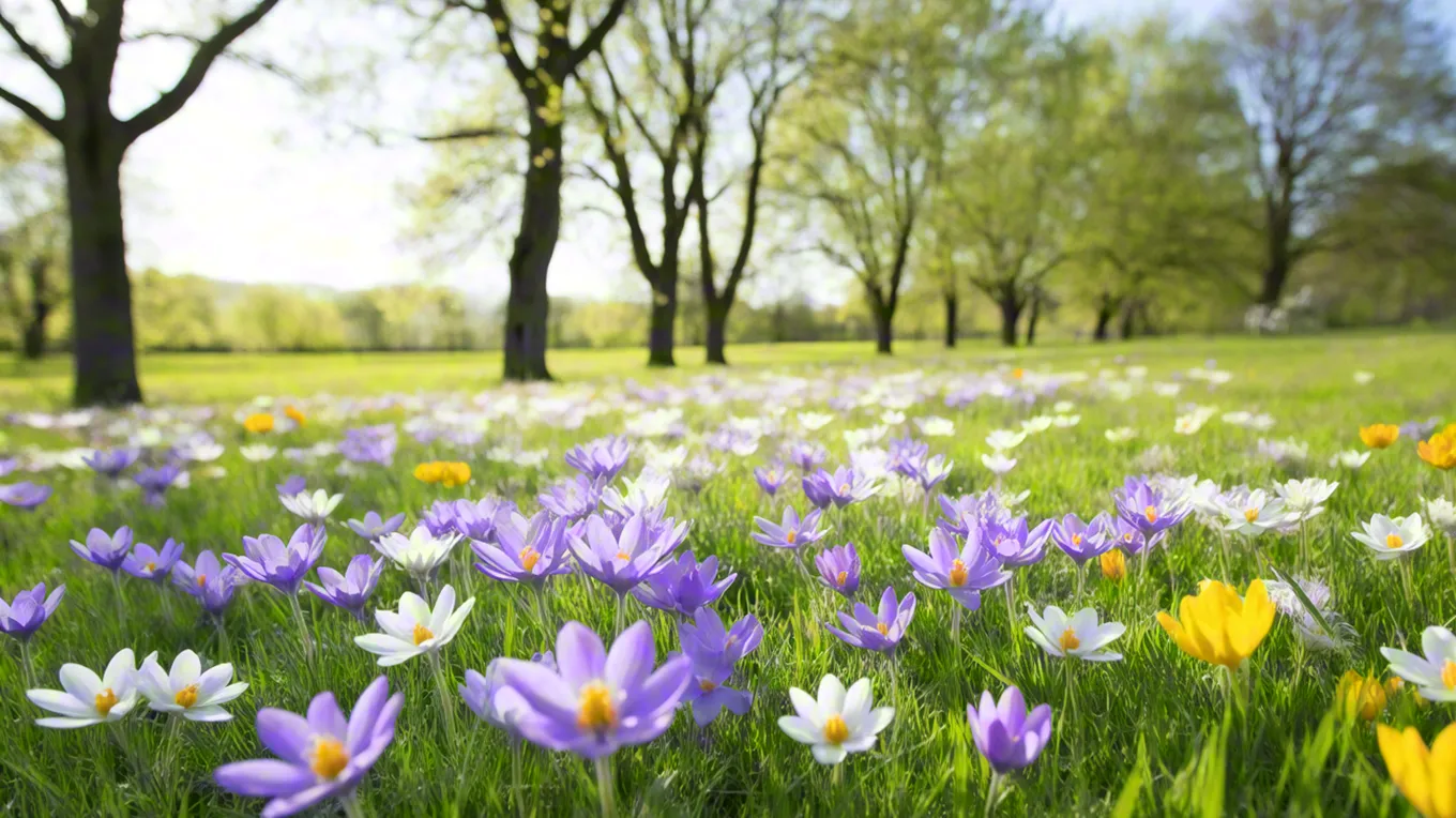 blooming spring flowers in a green park landscape