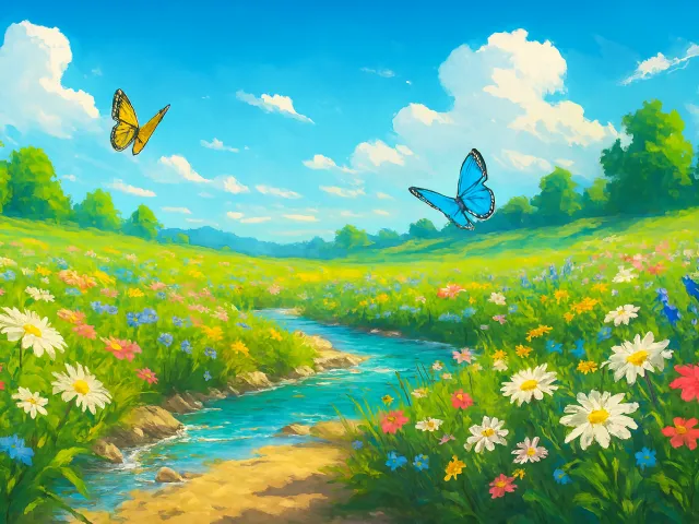 colorful meadow with flowers and flying butterflies