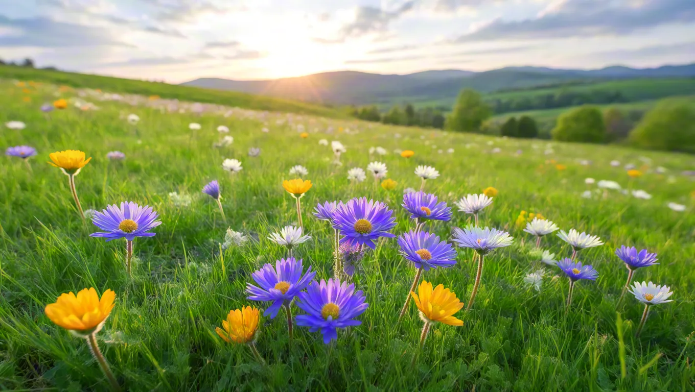 Bright field of meadow flowers at sunrise