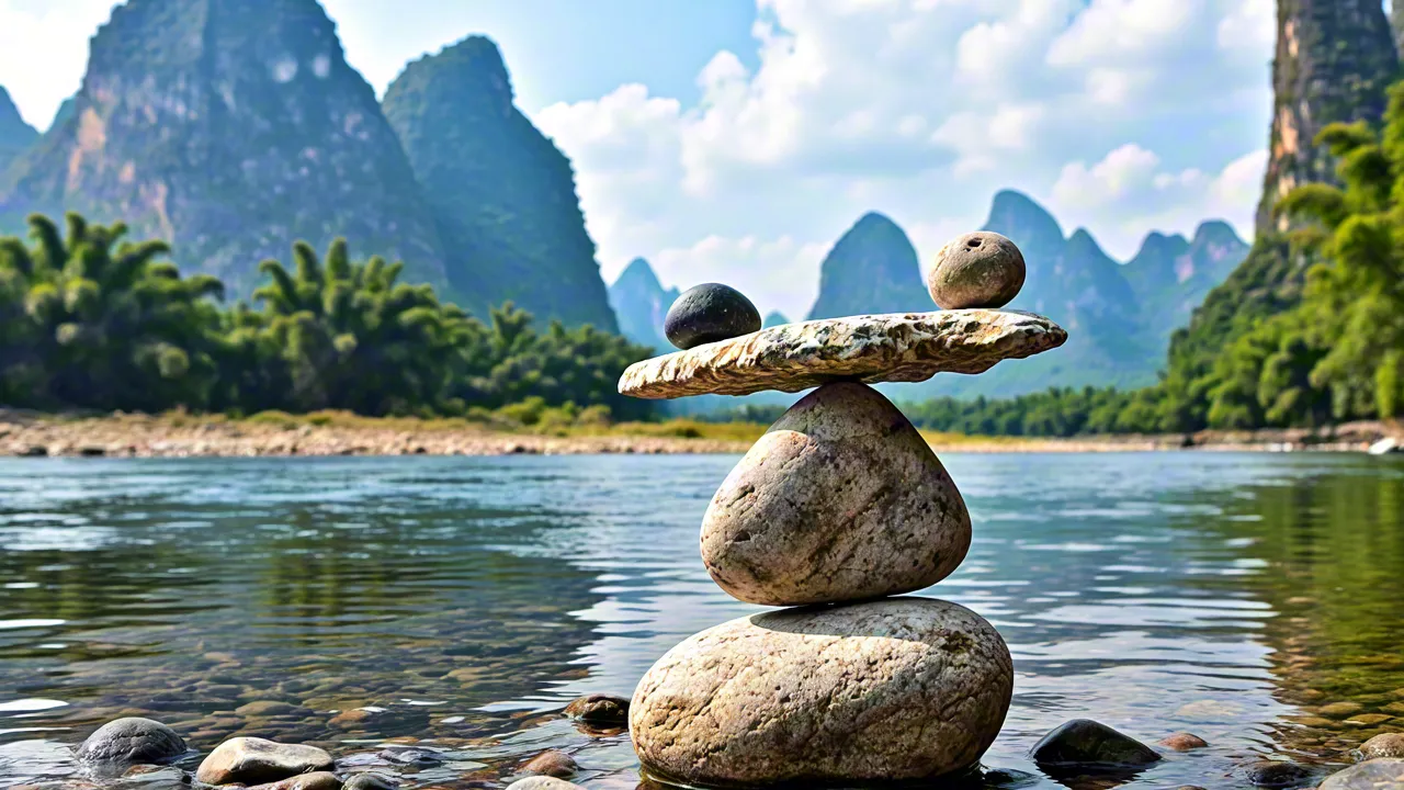 Zen rock formation standing in shallow river under bright sky.