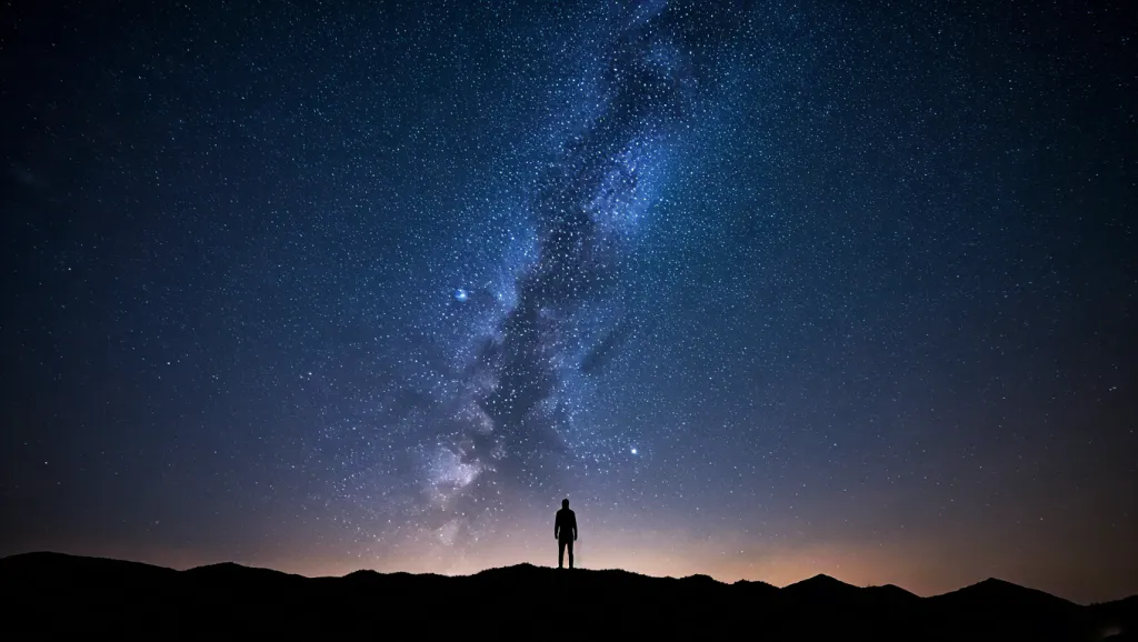 Starry night sky with human silhouette