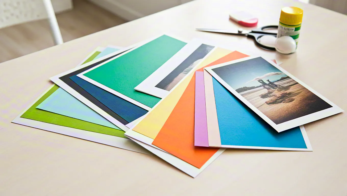 desk with colorful papers and art supplies