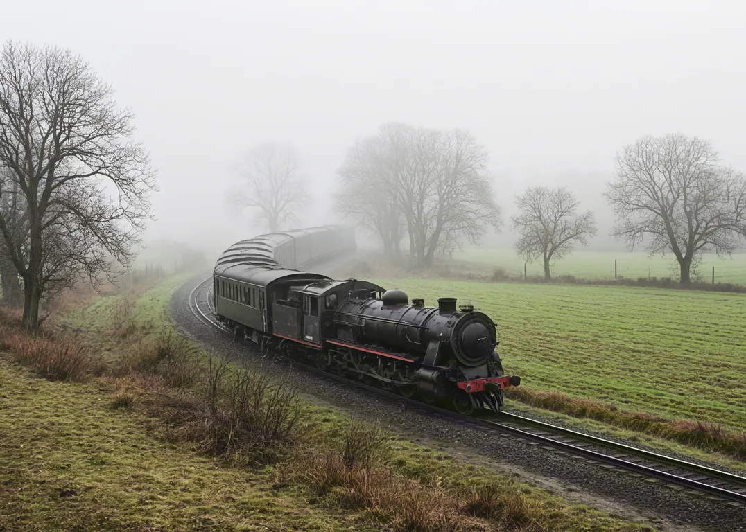 Old train passing through misty rural landscape