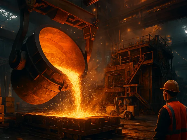 glowing molten metal pouring inside an industrial foundry