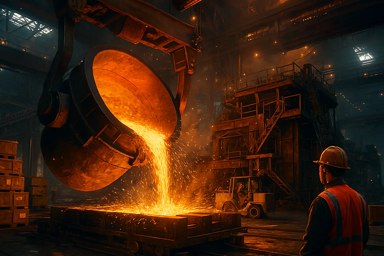 glowing molten metal pouring inside an industrial foundry