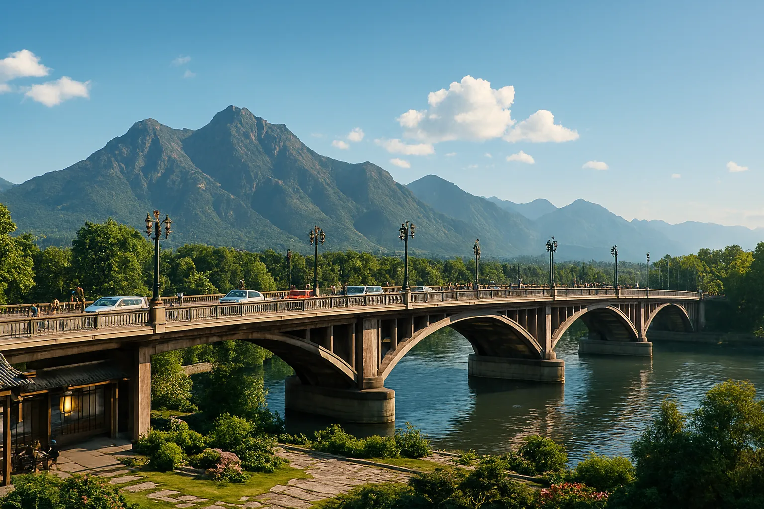 old stone bridge crossing a calm river