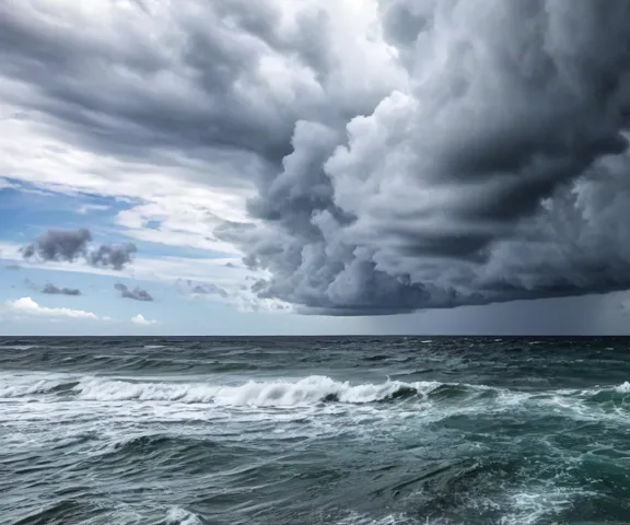Powerful ocean waves crashing under thick gray storm clouds.