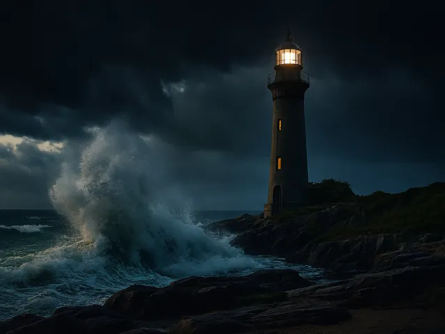 lighthouse hit by large waves during a storm