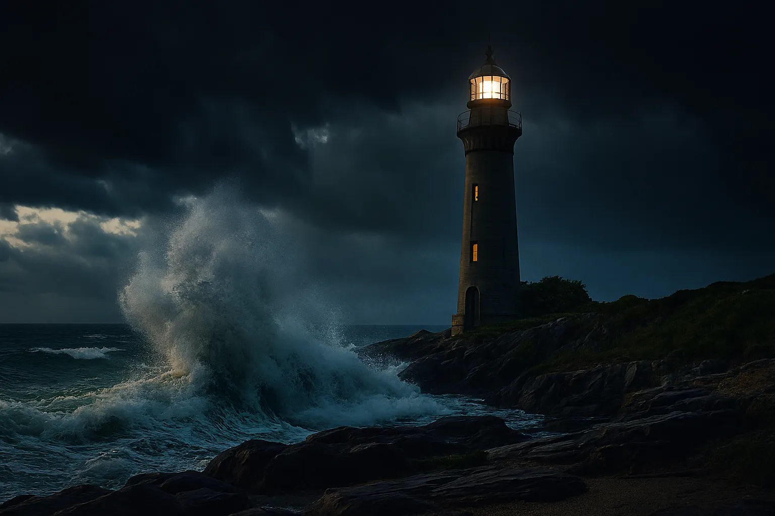 lighthouse hit by large waves during a storm