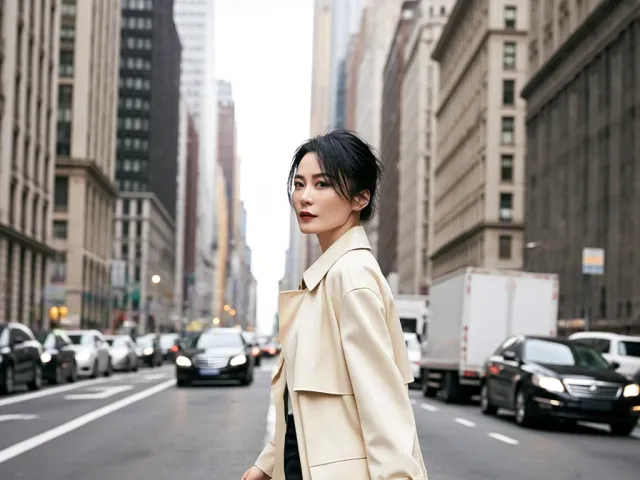Stylish woman walking through busy city street
