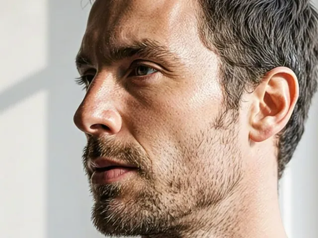 Close-up portrait of a man looking away, soft studio lighting and natural skin texture