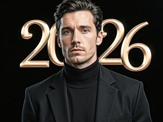 man in black turtleneck posing in front of gold 2026 typography