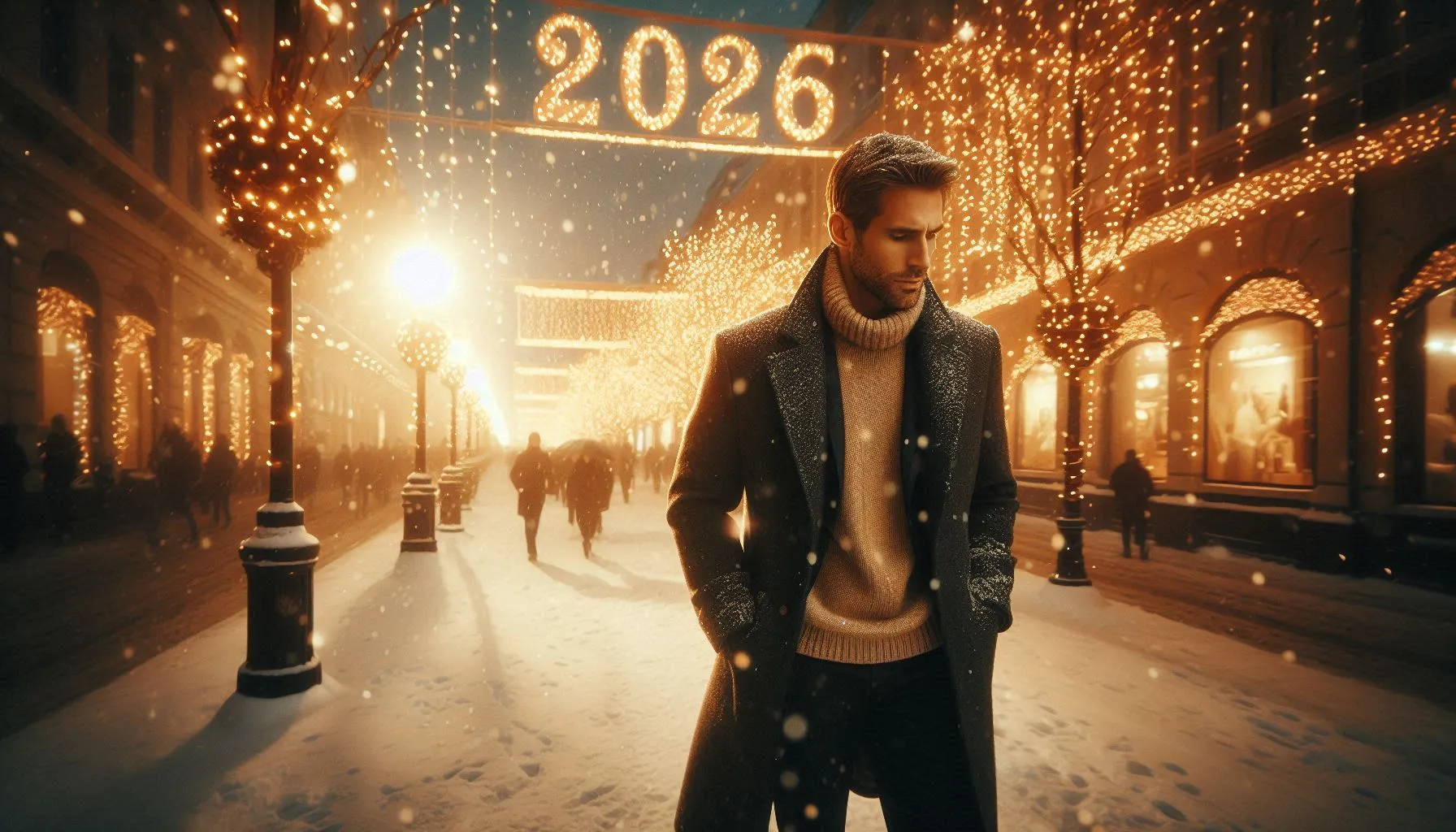 Man posing in illuminated holiday street with glowing 2026 decorations