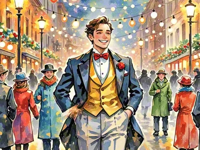 Man in elegant outfit strolling down decorated snowy street