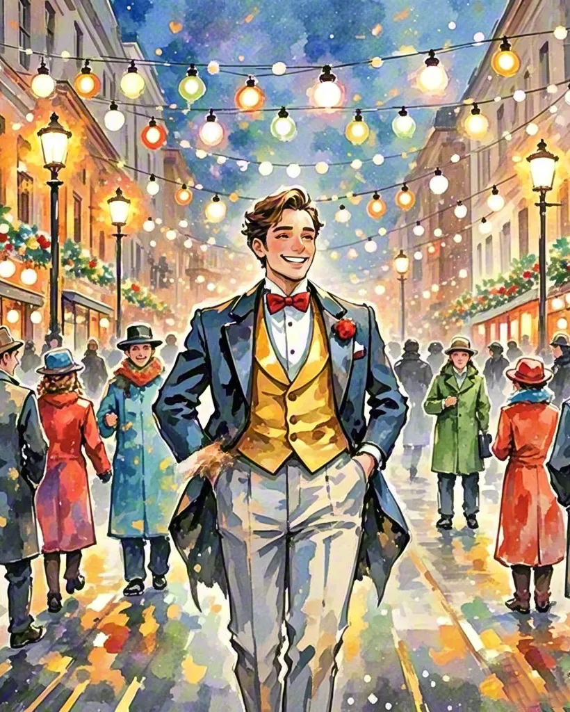 Stylish man walking through festive winter city street