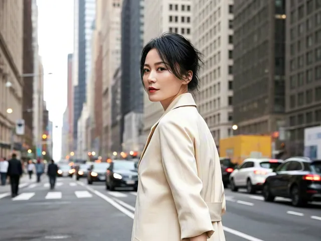 Fashionable woman walking through busy city street