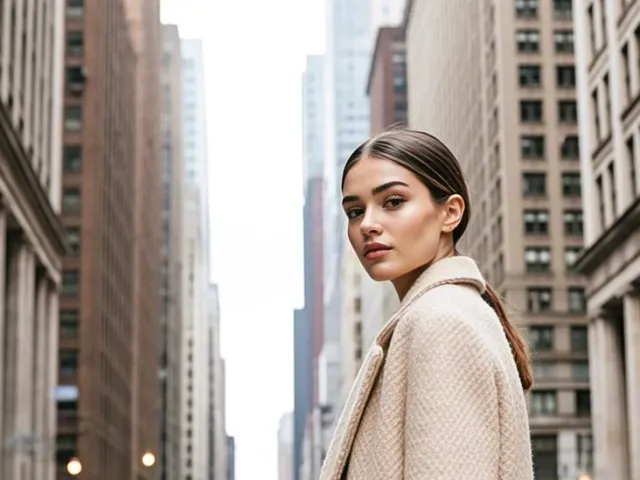 Fashionable woman in beige coat walking through tall city buildings