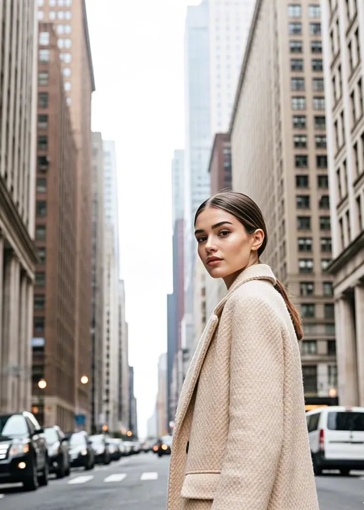 Stylish woman walking in city street — urban portrait