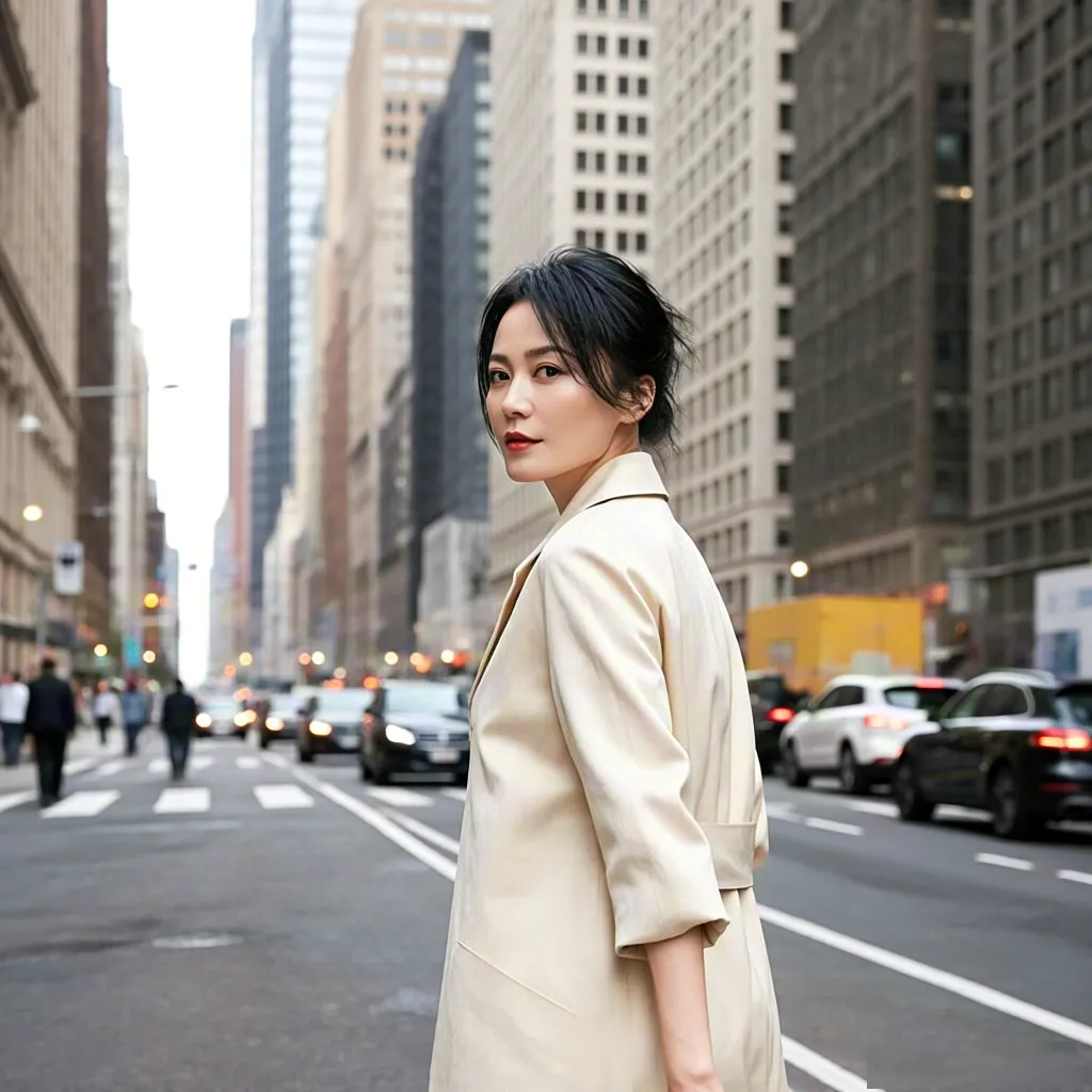 Stylish woman walking in city street
