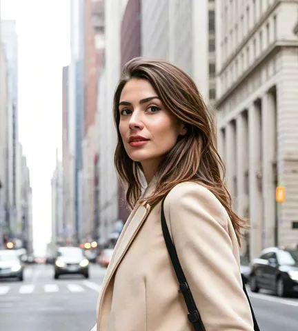 Smiling woman in beige coat crossing downtown street with golden light.