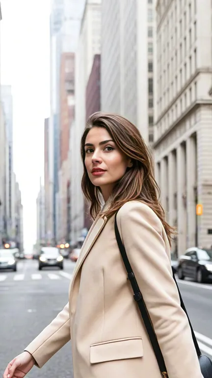 Stylish woman walking through city street