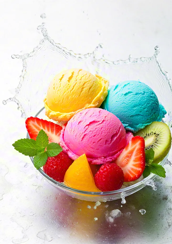 Summer dessert bowl with colorful ice cream and fruit