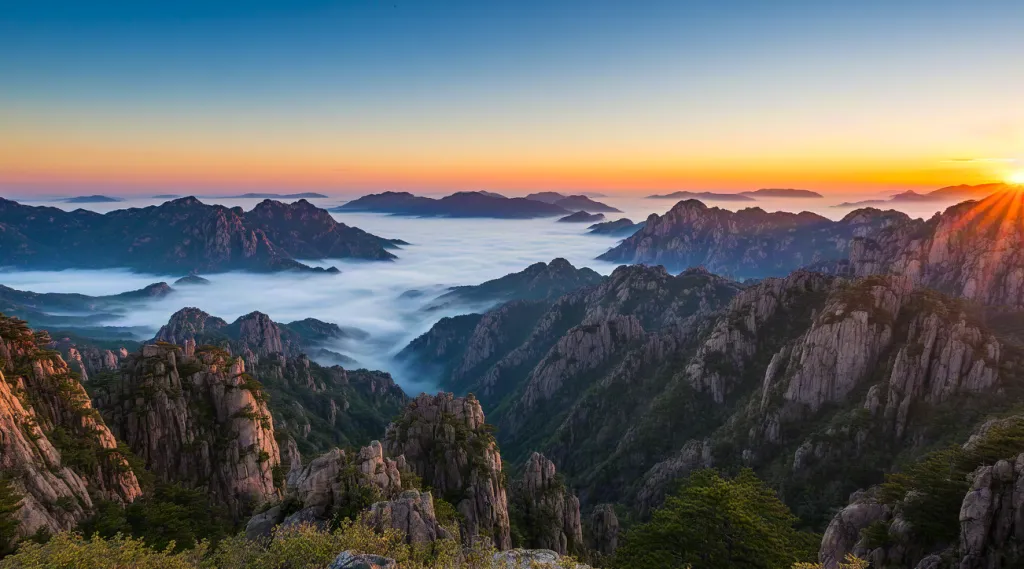 Sunrise over mountain range with misty valleys