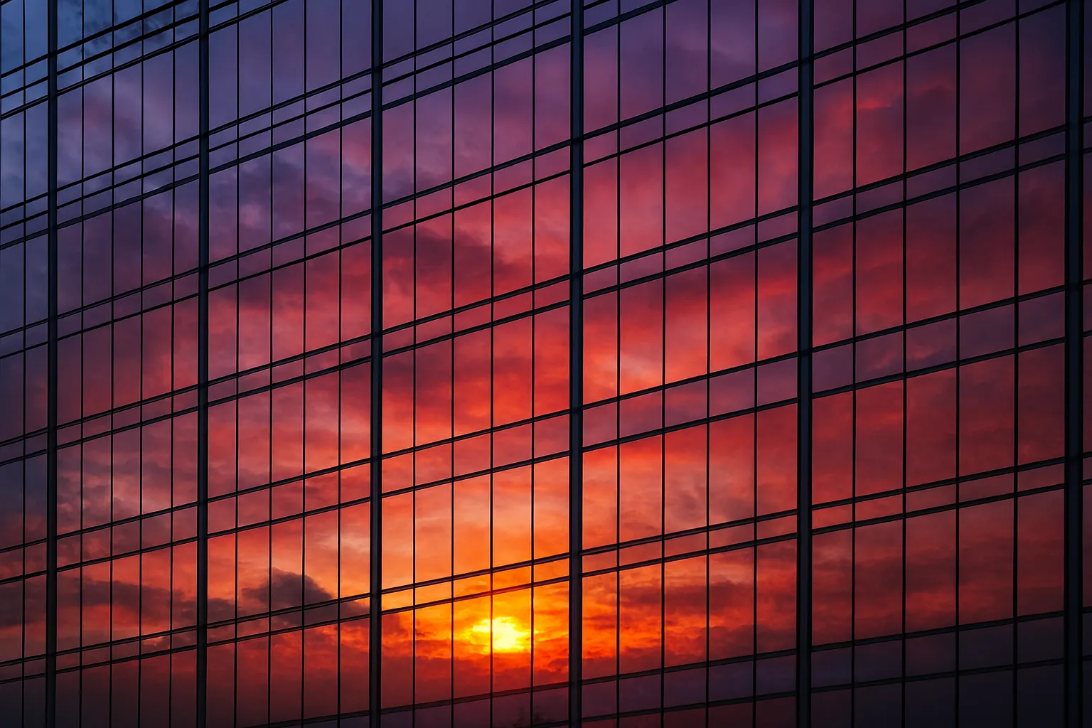 Sunset reflection on modern glass building facade