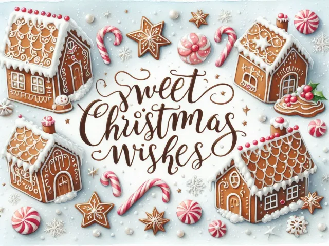 gingerbread houses and cookies arranged around sweet christmas wishes lettering