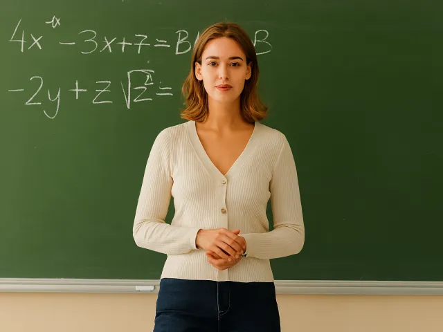 Woman standing beside chalkboard with formulas