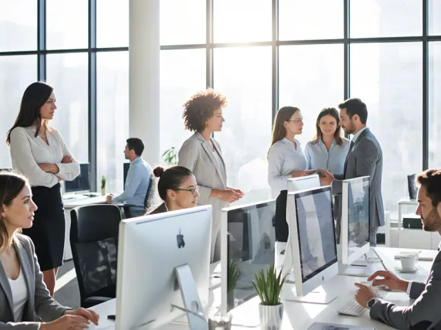 group of colleagues discussing ideas in a bright open office