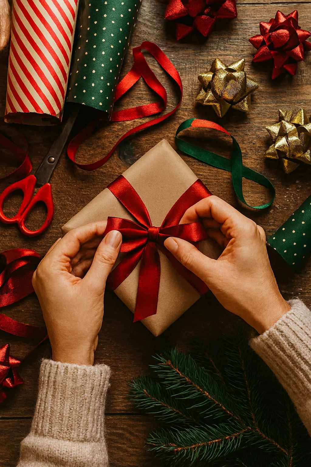 Hands tying red ribbon on a wrapped gift surrounded by holiday decorations