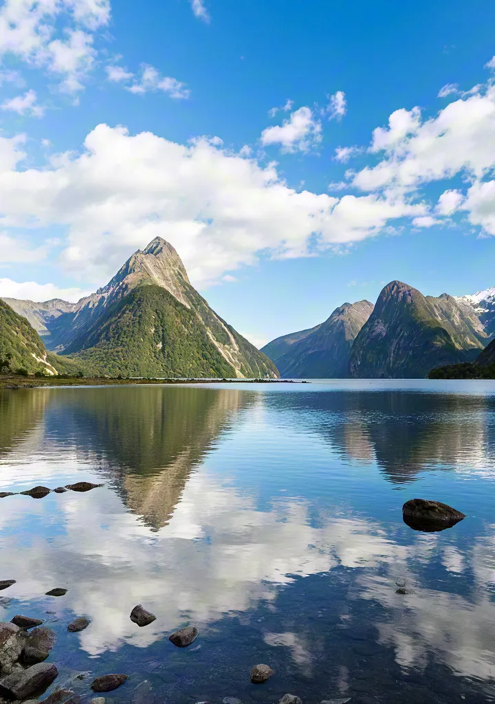 Tranquil alpine landscape with mirror lake and cloudy sky