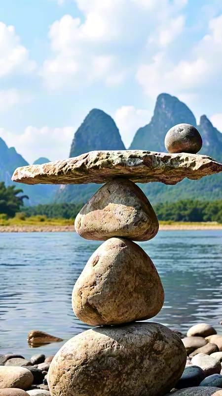 Tranquil river scene with stacked stones