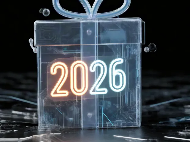 Transparent glowing gift box with illuminated 2026 text inside