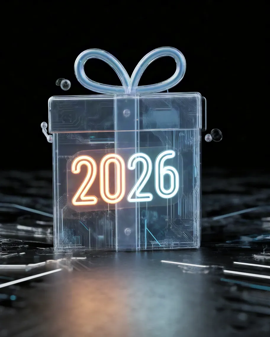 Transparent glowing gift box with illuminated 2026 text inside