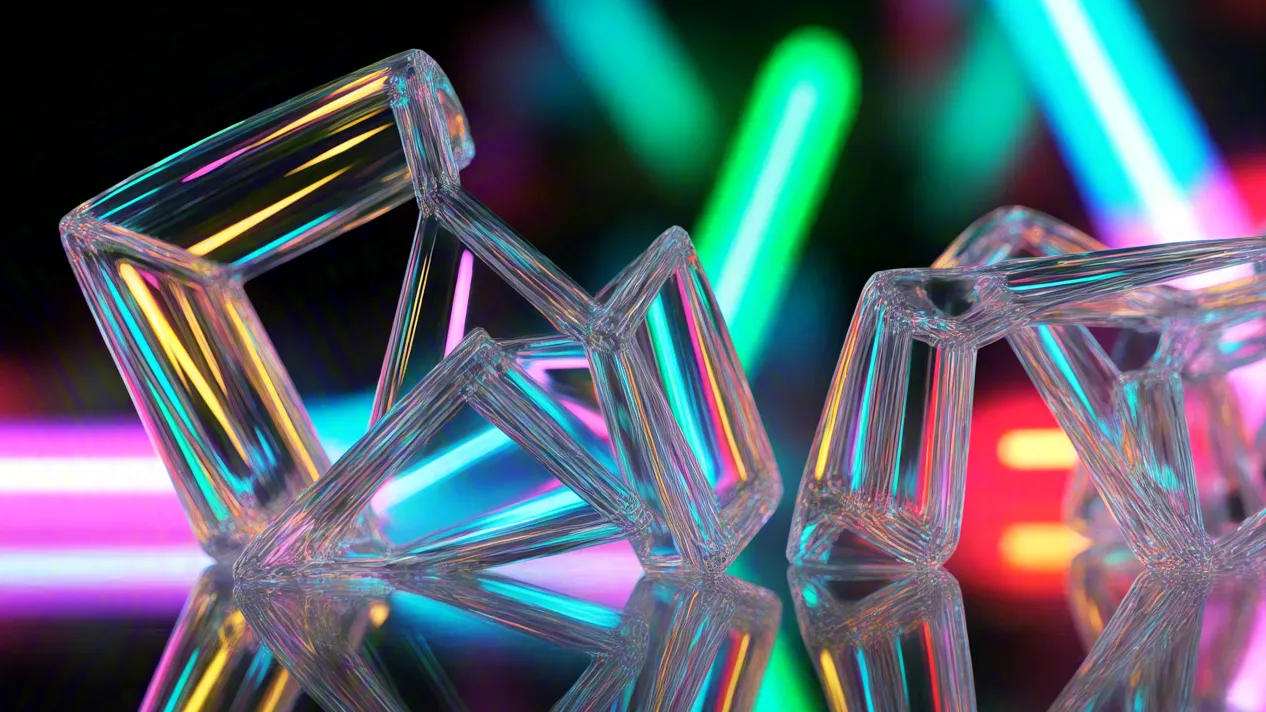 neon-lit transparent crystal cubes on reflective surface