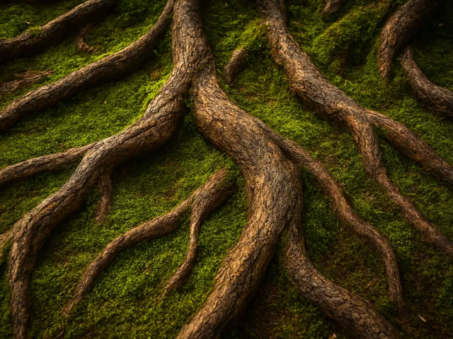 detailed mossy tree roots in a deep forest