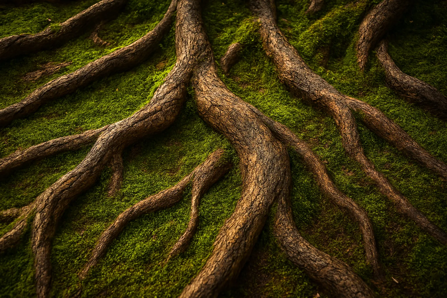 detailed mossy tree roots in a deep forest