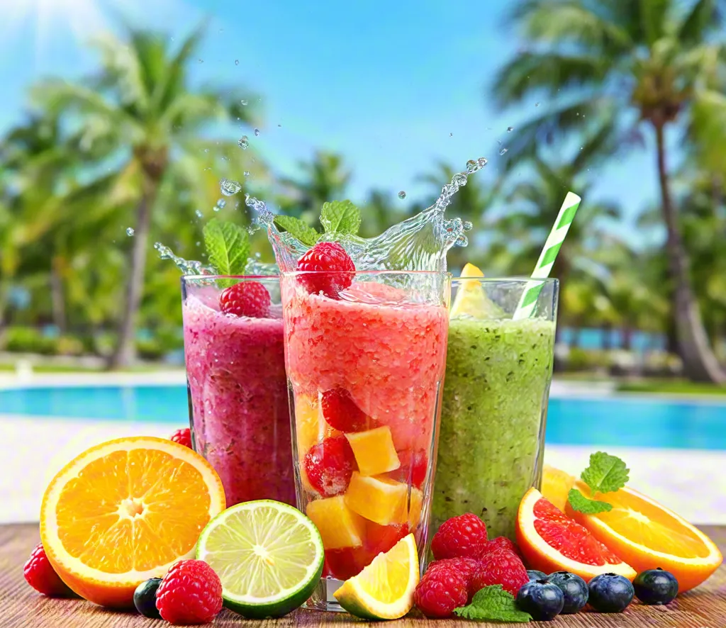 Tropical fruit smoothies by the pool under palm trees