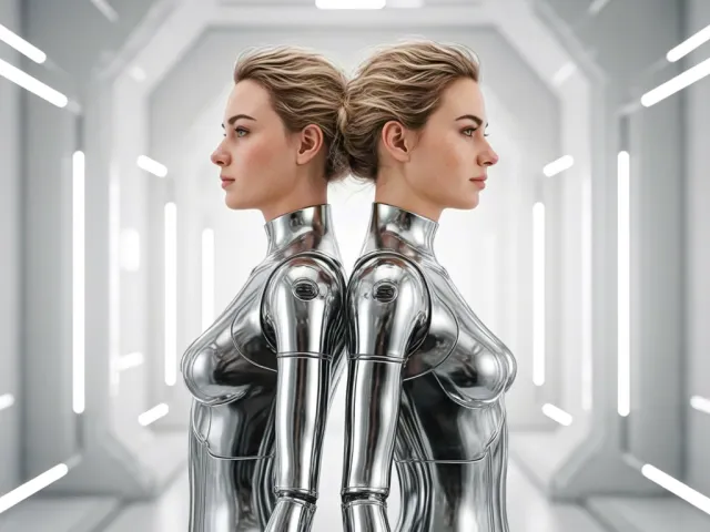 Two female robots standing back-to-back