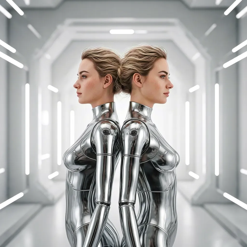 Twin androids in mirrored corridor