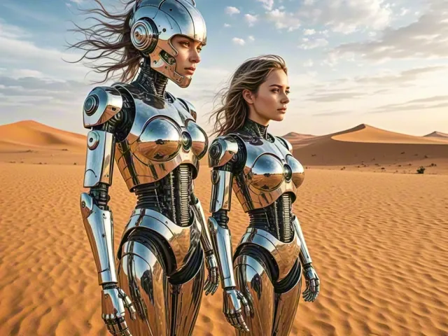 Pair of female androids walking across bright sandy desert