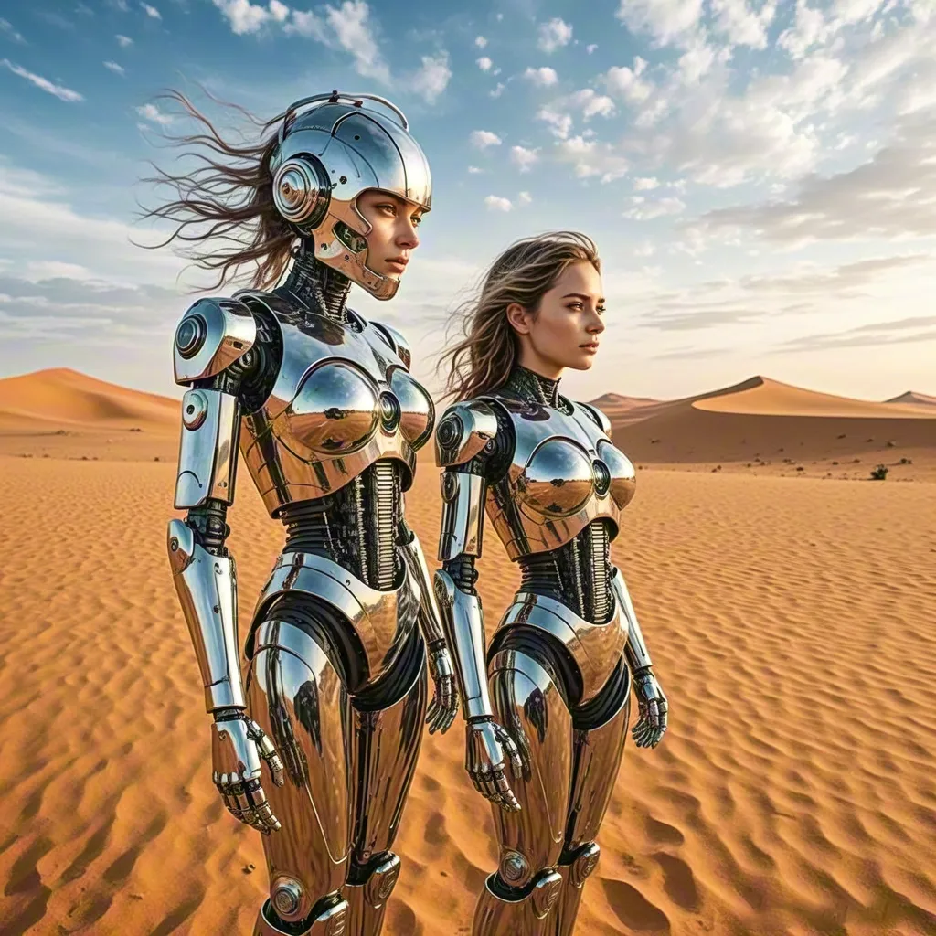Two android women walking in desert — sci-fi artwork