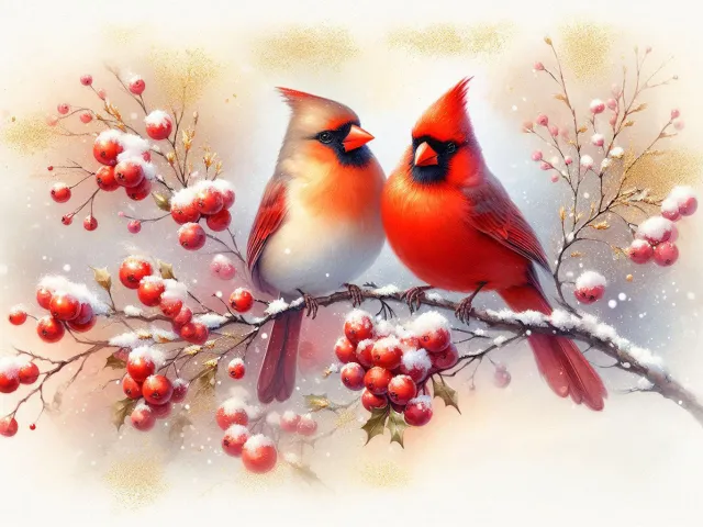 Bright red cardinals sitting on snowy branch with berries